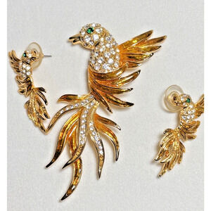 Vtg Set 3, Bird of Paradise Lg 3" Enamel Rhinestone Chrystal Pin Brooch/Earrings